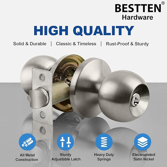 BESTTEN [3 Pack] Door Knob with Lock and Key, Keyed Different Entry Door Knob, for Entrance and Front Door, Satin Nickel