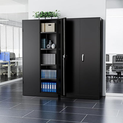 Metal Garage Storage Cabinet, 72” Lockable File Cabinets with 2 Doors and 4 Adjustable Shelves, Steel Tool Cabinets with Lock for Office, Home, Gym, Black