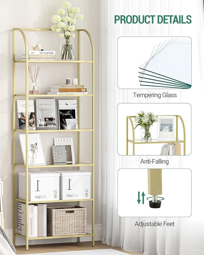 Bookcase Bookshelf, Tempered Glass Arched Bookshelf for More Storage, Slim Shelving Unit for Bedroom, Bathroom, Home Office, Steel Frame, Wide 6 Tier Gold BC22699G