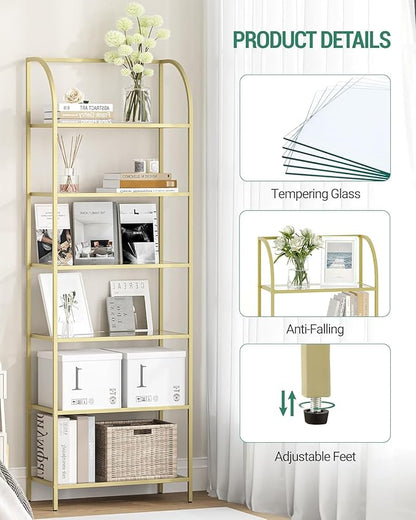 Bookcase Bookshelf, Tempered Glass Arched Bookshelf for More Storage, Slim Shelving Unit for Bedroom, Bathroom, Home Office, Steel Frame, Wide 6 Tier Gold BC22699G