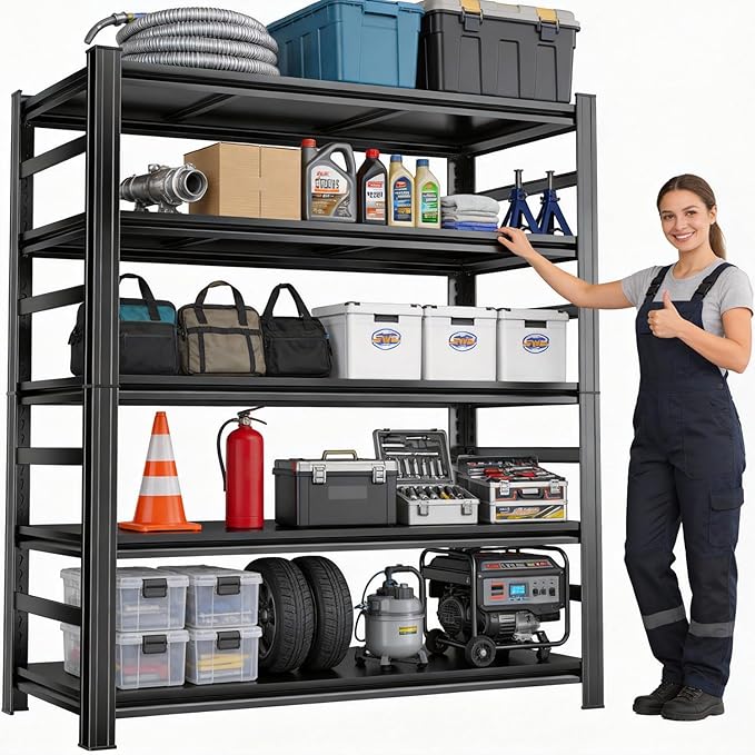 Adjustable 5-Tier Garage Shelving, Heavy Duty Steel Storage Rack, High Load Capacity, Ideal for Garage, Warehouse, or Home Organization (5-Tier 71" H x 35" W x 15.7" D)