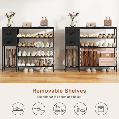 5-Tier Shoe Rack with 2 Fabric Drawers, Metal Frame and Wooden Board Shoe Organizer for 16-20 Pairs of Shoes, Shoe Shelf with Boots Storage for Entryway Closet Black