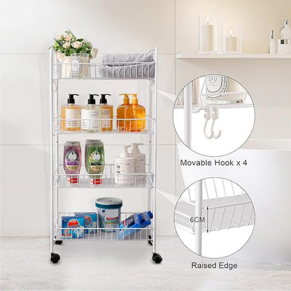 PLKOW 4-Tier Metal Rolling Utility Cart, Multi-Functional Storage Cart for Office, Living Room, Kitchen, Bathroom, Lightweight Organizer Cart with Wheels, White