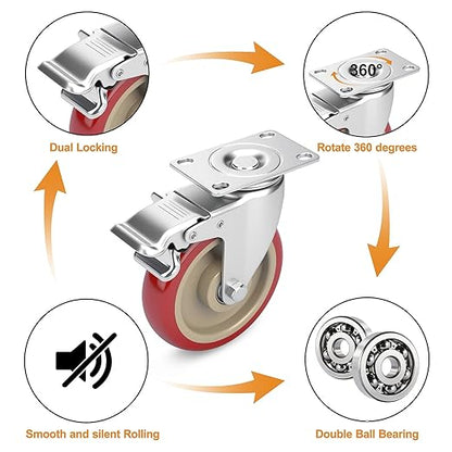 5 Inch Industrial Heavy Duty Swivel Caster Wheels with Brake,Set of 4 Safety Locking Casters,Load 2400lbs,Premium Polyurethane Wheels for Table,Trailer,Saw Table,Stage Toolbox,Bed,Corn Board