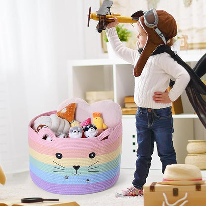 Zopeal Cat Basket Storage Woven Organizer with Ears Easter Decorative Gift Pet Toy Cute Cotton Rope Basket for Gift Cat Dog Toy Bin Nursery Room(21.7 x 13.8 Inch,Macaron Color)