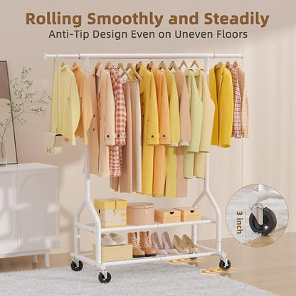 EAGMAK Heavy Duty Clothes Rack Load 556 LBS, Rolling Clothing Rack With Shelves, Height Adjustable Metal Clothes Hanger with Wheels Portable Wardrobe Organizer Garment Rod for Hanging Clothes (White)