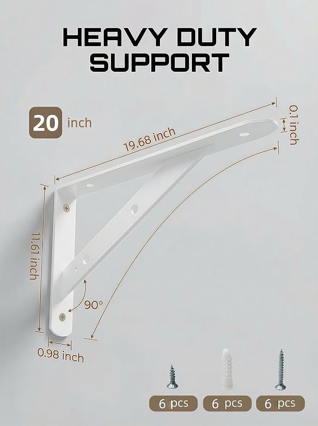 Shelf Brackets Heavy Duty, 2 Pack White 20 inch Floating Shelf Bracket, Max Load 300 lbs of Metal Triangle Decorative Shelf Support Brackets for Wall Mount