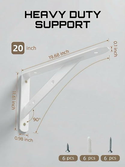Shelf Brackets Heavy Duty, 2 Pack White 20 inch Floating Shelf Bracket, Max Load 300 lbs of Metal Triangle Decorative Shelf Support Brackets for Wall Mount