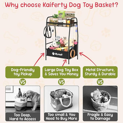 Medium Dog Toy basket, Toy Box for Dogs, Pet Toys Bin Dog Metal Wire Basket for Toys, Food Storage, Storage Organizer Chest Storage, Toy Box for Living Room Area (Black)