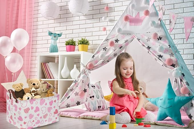 Essme Rectangular Pink Basket,Heart Storage Bins Organizer with Handles for Girls Room Decor, Heart Basket,Shelf Basket.(Pink Heart)