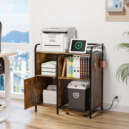 VINGLI Multifunctional Printer Stand with Trolley, Paper Shredder Stand Rack with Wheels, Lateral Office Storage Cabinets with Socket and USB Charging Port, Open Shelves for Home Office (Rustic Brown)