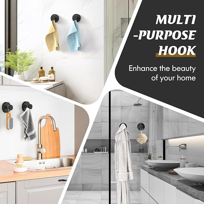 Suction Cup Hooks for Shower,Removable Shower Towel Suction Hooks for Bathroom Wall,Kitchen,Glass,Mirror,Tile to Hang Robes,Loofah-Black(2-Pack)