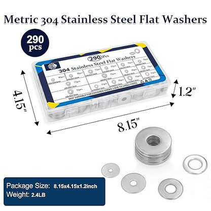 ZQZ 290Pcs Flat Washers, 304 Stainless Steel Fender Washers Assortment, 15 Different Sizes Wide Washer M3 M4 M5 M6 M8 M10 M12 Assorted Flatwashers Kit