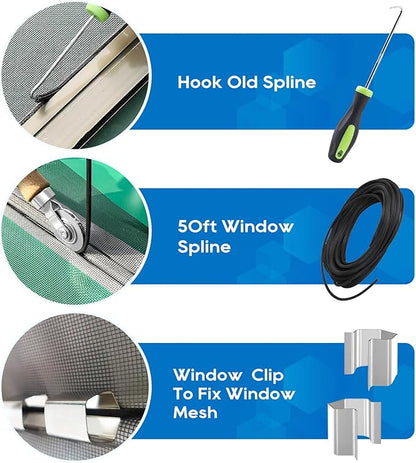 King&Charles Window Screen Door Repair/Replacement Kit, Include Black Screen Mesh 59"x106"+ 2 Roller+50Ft Spline+8Clips+Hook, 6 in 1 Window Mesh Kit, Steel/Nylon Bearing Roller