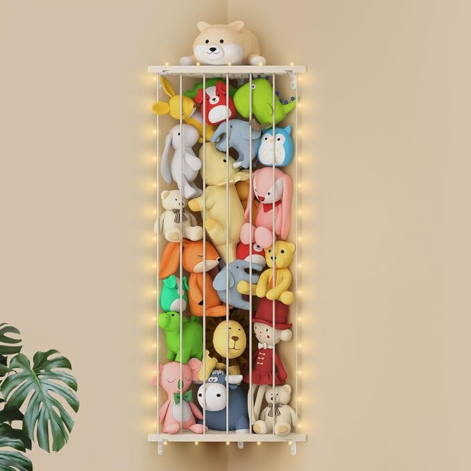 Corner Stuffed Animal Storage Net - Stuffed Animals Holder with Light - Plush Organizer Hanging Stuffed Animal Hammock with Adjustable Length for Bedroom