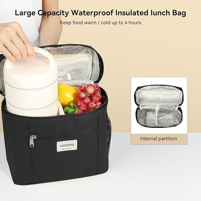 Voova Stackable Stainless Steel Thermal Lunch Box with Lunch Bag and Cultery Set for Adult Women Men, 3 Tier Leakproof & Microwave Safe Insulated Bento Boxes Food Container for Work, Black