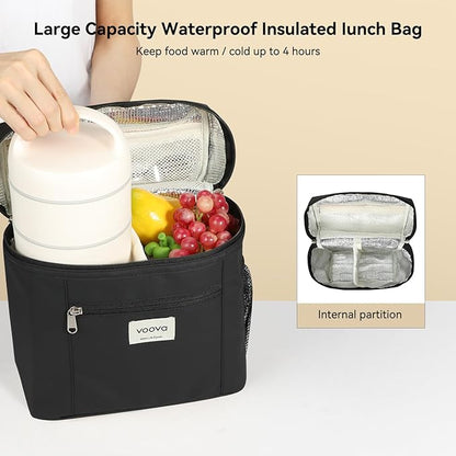 Voova Stackable Stainless Steel Thermal Lunch Box with Lunch Bag and Cultery Set for Adult Women Men, 3 Tier Leakproof & Microwave Safe Insulated Bento Boxes Food Container for Work, Black