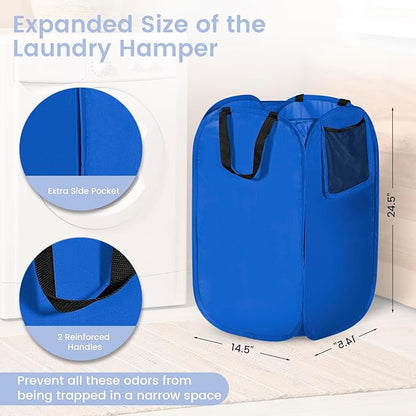 HOUSE AGAIN Upgraded Polyester Pop Up Laundry Hamper, Collapsible Laundry Baskets with Durable Handles Solid Bottom High Steel Frame and Side Pocket, Easy Open & Save space,Perfect for Storage(Blue)