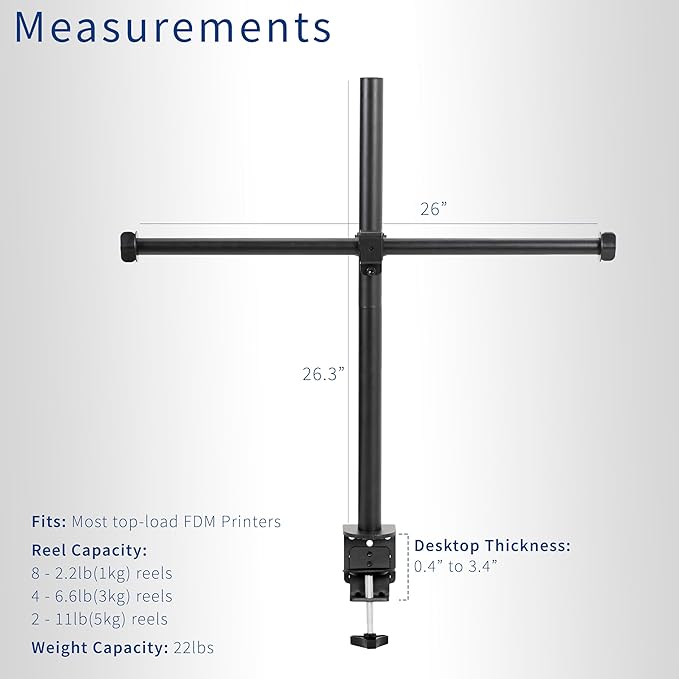 VIVO Clamp-on Steel Filament Holder for 3D Printer, Height Adjustable Spool Support, Holds up to 8 Standard Reels, Black, STAND-3DRH