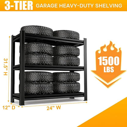 3 Tier Garage Shelving, Heavy Duty Adjustable Metal Storage Shelves, Small Shelving Unit for Garage, Basement, Pantry, 24" W x 12" D x 31.5" H