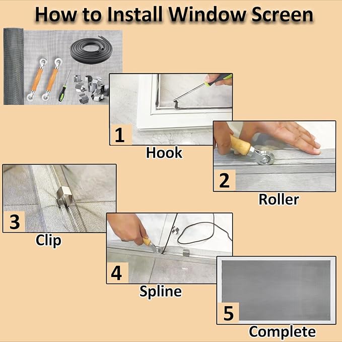 King&Charles Window Screen Door Repair/Replacement Kit, Include Gray Screen Mesh 48"x118"+ 2 Roller+50Ft Spline+8Clips+Hook, 6 in 1 Window Mesh Kit, Steel/Nylon Bearing Roller