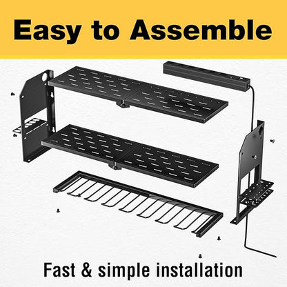 YYR Power Tool Organizer with Charging Station Wall Mount, Cordless Drill and Battery Holder for Garage Organization, Electric Tools Storage Rack Build in Surge Protection Power Strip - Black Shelf