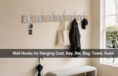 Brushed Nickel Wall Hooks, 6 Pack Coat Robe Hook Heavy Duty Metal Double Bath Hook Wall Mounted, Hand Towel Hooks for Cubicle Bathroom Kitchen Closet Garage