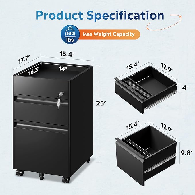 DEVAISE Metal File Cabinet with Lock, 2 Drawer Under Desk Filing Cabinet with Wheels, Locking File Cabinet for Letter/Legal/A4 Size, Black