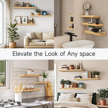 BAYKA Floating Shelves for Wall, 22.5 inches Wall Mounted Rustic Wood Shelves for Bathroom, Bedroom, Living Room, Floating Shelves for Books/Storage/Decor (Light Oak-Toned,Set of 3)