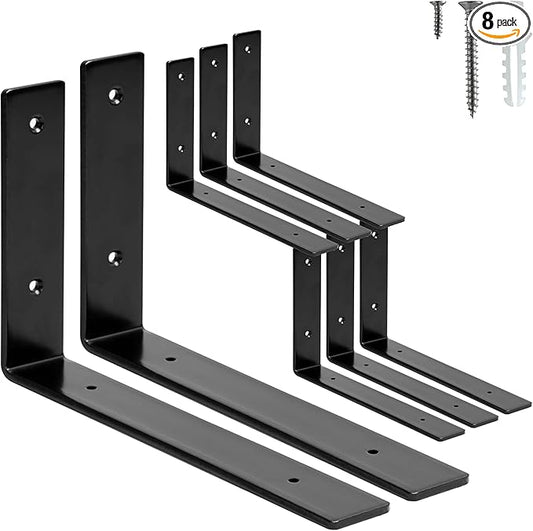 HEART ART 8 Pack Shelf Brackets 10 inch,L Brackets for Shelves,Black Heavy Duty Metal Shelf Brackets,10”x6”x1.4”