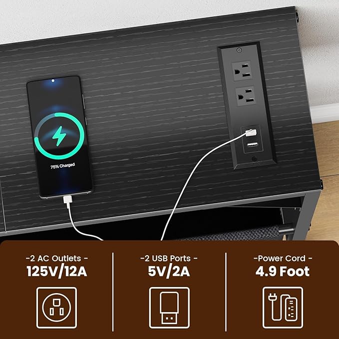 Console Tables with Charging Station and Storage Basket, 47.2'' Entryway Table Narrow with Power Outlets USB Ports, Couch Table Behind Sofa, Hallway Table for Foyer, Living Room, Black