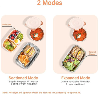 18/8 Stainless Steel Bento Box, Bento Lunch Box with Soup Bowl for Kids and Adults, Food Containers with Bag for Office or School, Pink