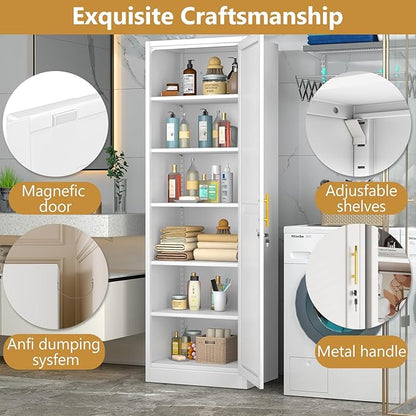 Metal Storage Cabinet with Lock and 5 Adjustable Shelves, Steel File Cabinets, Kitchen Pantry Cabinet Locker Organizer - 67" Tall Storage Cabinets for Kitchen,Bathroom,Bedroom,Office,White