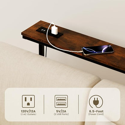 Aduanbang Adjustable Height Narrow Console Table with 2 Power Outlets, 78.8" Long x 5.9" Wide, Slim Behind Sofa Table, Rustic Brown – Ideal for Living Room, Entryway, or Hallway