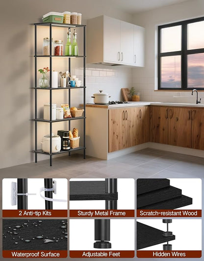 5 Tier Bookshelf with LED Light, Dimmable Bookcase with Touch & Remote Control, 3 Color Temperatures, Tall Modern Display Standing Shelf for Living Room, Bedroom, Home Office (Black)