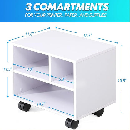 FITUEYES Under Desk Printer Stand with 3 Storage Organizer Compartments, White Mobile Small Printer Table Work Cart on Removable Casters for Home Office, 15.7 in. W x 11.8 in. D x 13.8 in. H