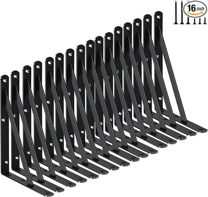 16 Pack L8 x H 6" Black Heavy Duty Shelf Brackets with Screws Metal Shelf Brackets Shelf Support Angle Brackets for Shelves L Brackets Heavy Duty Floating Shelf