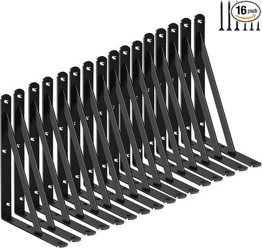 16 Pack L8 x H 6" Black Heavy Duty Shelf Brackets with Screws Metal Shelf Brackets Shelf Support Angle Brackets for Shelves L Brackets Heavy Duty Floating Shelf