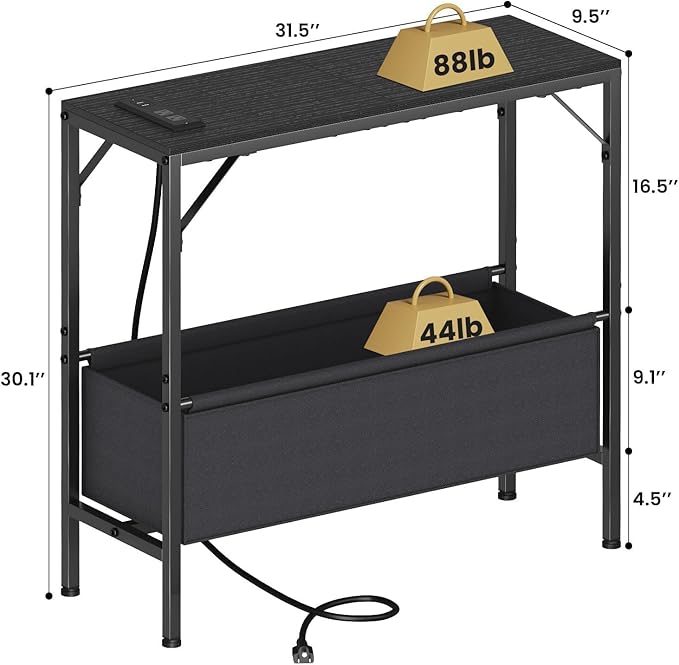 31.5" Console Table, 9.5" D Entryway Table with Power Outlets & USB Ports & Fabric Basket, Narrow Sofa Table for Hallway, Foyer, Living Room, Black