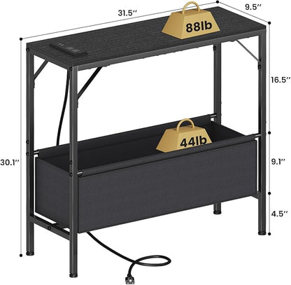 31.5" Console Table, 9.5" D Entryway Table with Power Outlets & USB Ports & Fabric Basket, Narrow Sofa Table for Hallway, Foyer, Living Room, Black