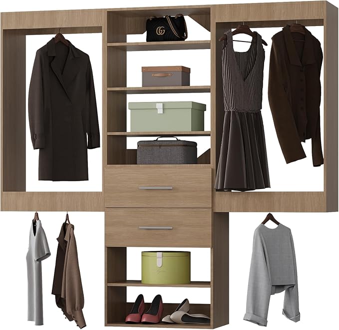 ROOMTEC Modular Closet System, 84" Wall Mounted Closet Organizer with Hanging Rods and Drawers, Wooden Tower for Walk-In Closets, Wardrobe Storage Kit, Wood