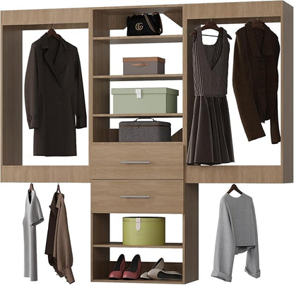 ROOMTEC Modular Closet System, 66" Wall Mounted Closet Organizer with Hanging Rods and Drawers, Wooden Tower for Walk-In Closets, Wardrobe Storage Kit, Wood