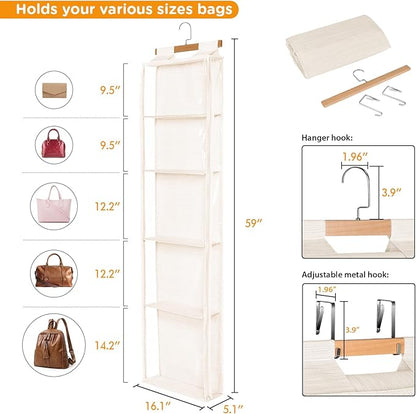 Syeeiex Hanging Handbag Purse Organizer with Zippers, 5 Mesh Shelves,Clear Slubbed Fabric+PVC Hanging Closet Bag Organizer, Dustproof Handbag Closet Tote Storage Bag for Door, Wardrobe, Beige