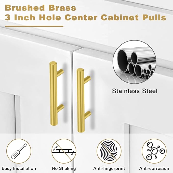 Estmoon 30 Pack Brushed Brass Cabinet Handles Gold 3 Inch Hole Center Cabinet Pulls Stainless Steel Drawer Handles Kitchen Cabinet Hardware Pulls for Cabinets and Drawers - 5" Length, 3" Hole Center