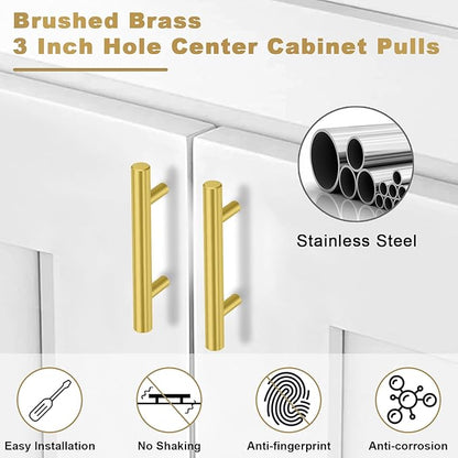 Estmoon 30 Pack Brushed Brass Cabinet Handles Gold 3 Inch Hole Center Cabinet Pulls Stainless Steel Drawer Handles Kitchen Cabinet Hardware Pulls for Cabinets and Drawers - 5" Length, 3" Hole Center