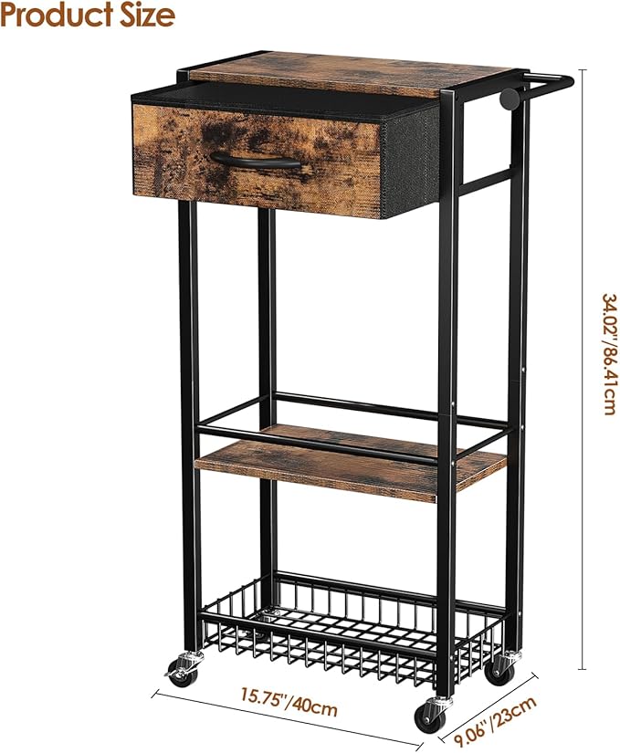 Lewondr Rolling Storage Cart with Drawers, 3-Tier Laundry Room Shelves, Sturdy Bathroom Organizer Shelf with Wood Top, Rolling Drawer Cart with Handle and Wheels for Kitchen, Office, Classroom, Black