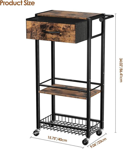 Lewondr Rolling Storage Cart with Drawers, 3-Tier Laundry Room Shelves, Sturdy Bathroom Organizer Shelf with Wood Top, Rolling Drawer Cart with Handle and Wheels for Kitchen, Office, Classroom, Black
