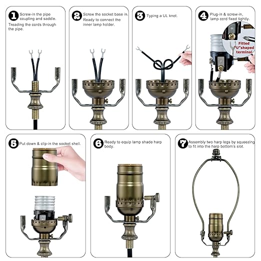 Lamp Rewire Kit,Make a Lamp or Repair Kit,3-Way Lamp Socket with Matching Cord Lamp Harp Set,Lamp Wiring Kit for Table Floor Lamp,Essential Hardware for DIY Lamp Design or Repair (Antique Brass, 1)