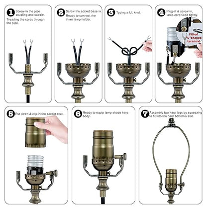 Lamp Rewire Kit,Make a Lamp or Repair Kit,3-Way Lamp Socket with Matching Cord Lamp Harp Set,Lamp Wiring Kit for Table Floor Lamp,Essential Hardware for DIY Lamp Design or Repair (Antique Brass, 1)