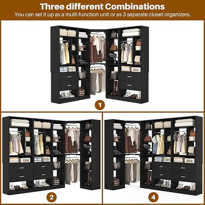 Large Corner Closet System with 3 Sets, 87.2" Closet Organizer System with 4 Drawers & 4 Hanging Rods, Reversible L Shaped Walk-in Closets, Load 2000+LBS, Black (87.2" L x 39.2" W x 80" H)